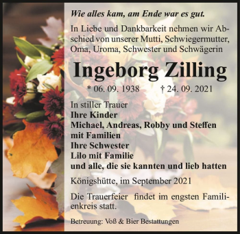 Traueranzeige von Ingeborg Zilling  von Magdeburger Volksstimme