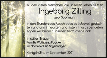 Traueranzeige von Ingeborg Zilling (geb. Spormann)  von Magdeburger Volksstimme