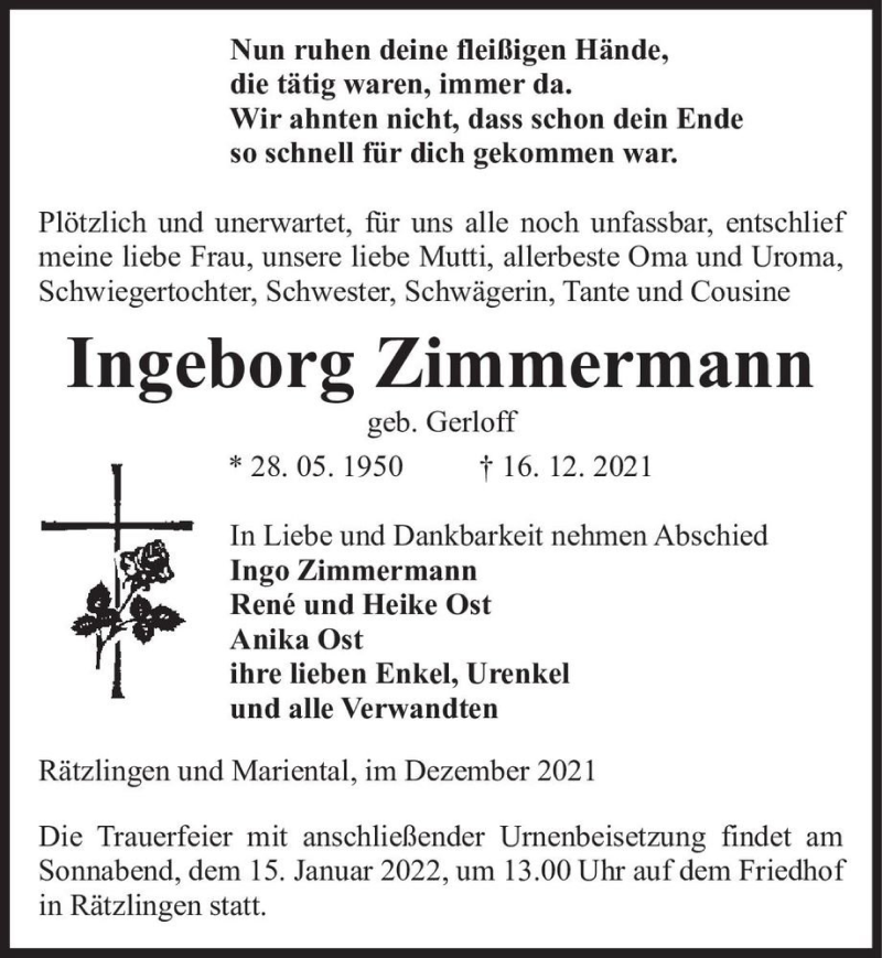  Traueranzeige für Ingeborg Zimmermann (geb. Gerloff)  vom 22.12.2021 aus Magdeburger Volksstimme