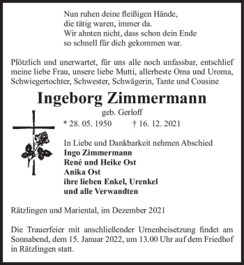 Traueranzeige von Ingeborg Zimmermann (geb. Gerloff)  von Magdeburger Volksstimme