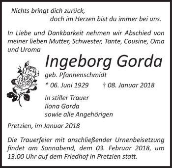 Traueranzeige von Ingeborg gorda (geb. Pfannenschmidt)  von Magdeburger Volksstimme