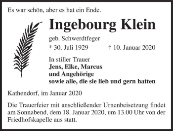 Traueranzeige von Ingebourg Klein (geb. Schwerdtfeger)  von Magdeburger Volksstimme