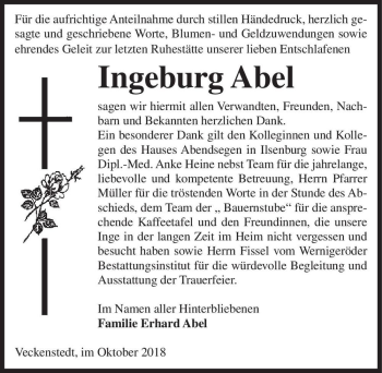 Traueranzeige von Ingeburg Abel  von Magdeburger Volksstimme
