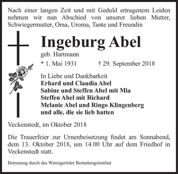 Traueranzeige von Ingeburg Abel (geb. Hartmann)  von Magdeburger Volksstimme