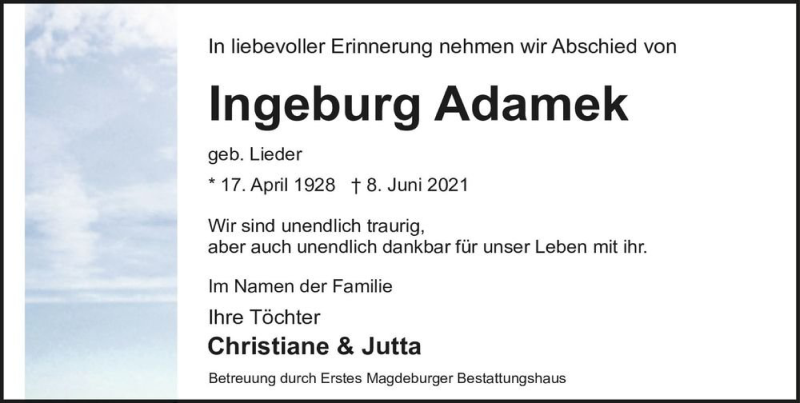  Traueranzeige für Ingeburg Adamek (geb. Lieder)  vom 19.06.2021 aus Magdeburger Volksstimme