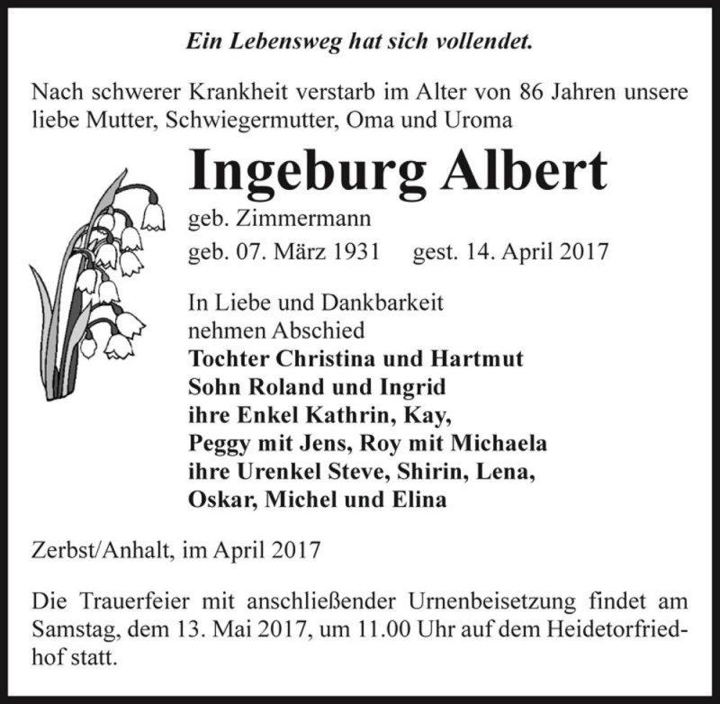  Traueranzeige für Ingeburg Albert (geb. Zimmermann)  vom 22.04.2017 aus Magdeburger Volksstimme