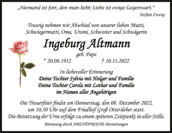 Traueranzeige von Ingeburg Altmann (geb. Pape)  von Magdeburger Volksstimme