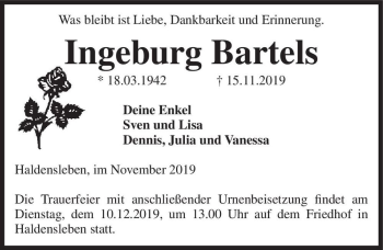 Traueranzeige von Ingeburg Bartels  von Magdeburger Volksstimme