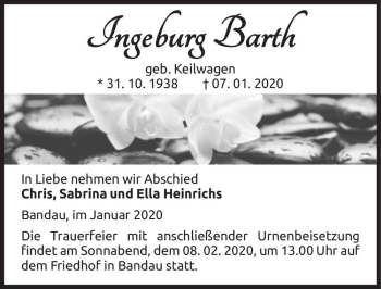Traueranzeige von Ingeburg Barth (geb. Keilwagen)  von Magdeburger Volksstimme
