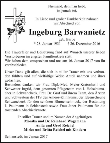 Traueranzeige von Ingeburg Barwanietz (geb. Barbe)  von Magdeburger Volksstimme