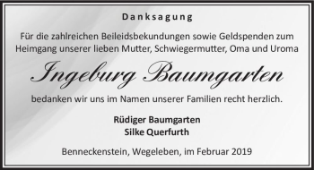 Traueranzeige von Ingeburg Baumgarten  von Magdeburger Volksstimme