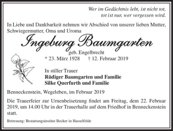 Traueranzeige von Ingeburg Baumgarten (geb. Engelbrecht)  von Magdeburger Volksstimme