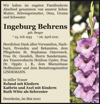 Traueranzeige von Ingeburg Behrens (geb. Berger)  von Magdeburger Volksstimme