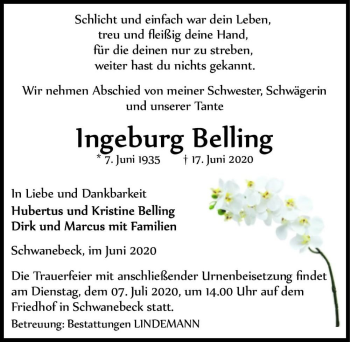 Traueranzeige von Ingeburg Belling  von Magdeburger Volksstimme