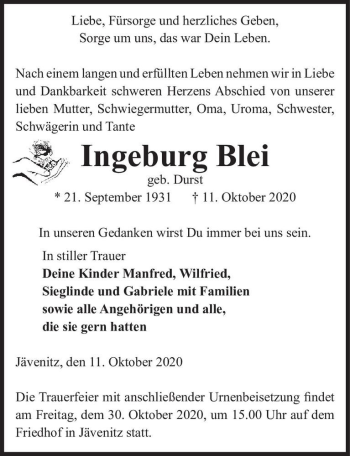Traueranzeige von Ingeburg Blei (geb. Durst)  von Magdeburger Volksstimme