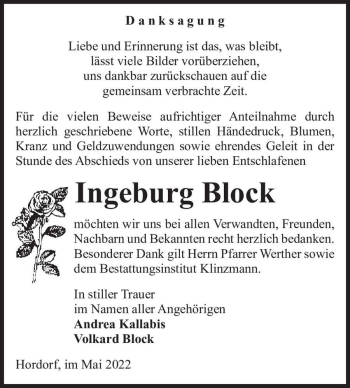 Traueranzeige von Ingeburg Block  von Magdeburger Volksstimme
