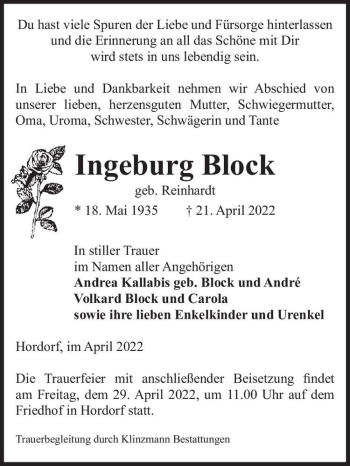 Traueranzeige von Ingeburg Block (geb. Reinhardt)  von Magdeburger Volksstimme