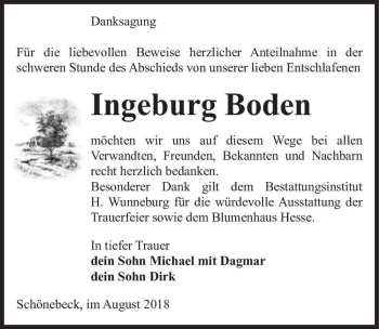 Traueranzeige von Ingeburg Boden  von Magdeburger Volksstimme