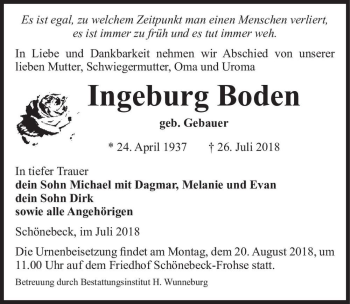 Traueranzeige von Ingeburg Boden (geb. Gebauer)  von Magdeburger Volksstimme