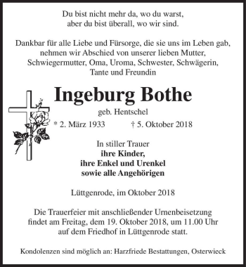 Traueranzeige von Ingeburg Bothe (geb. Hentschel)  von Magdeburger Volksstimme
