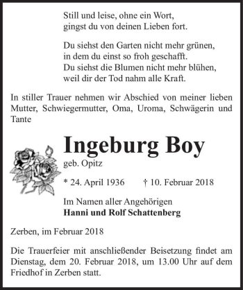Traueranzeige von Ingeburg Boy (geb. Opitz)  von Magdeburger Volksstimme