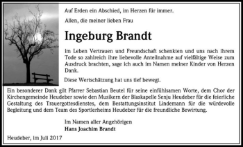 Traueranzeige von Ingeburg Brandt  von Magdeburger Volksstimme