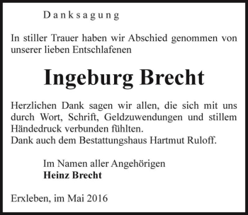 Traueranzeige von Ingeburg Brecht  von Magdeburger Volksstimme