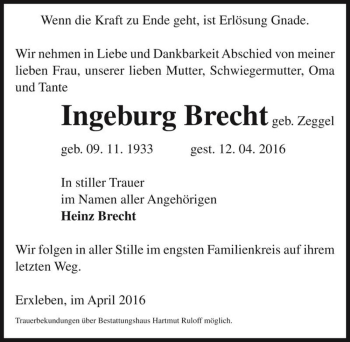 Traueranzeige von Ingeburg Brecht (geb. Zeggel)  von Magdeburger Volksstimme