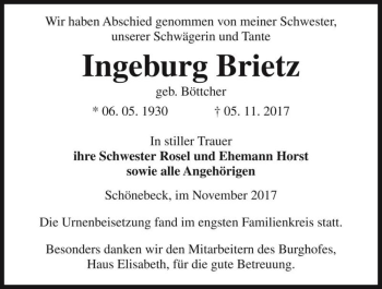 Traueranzeige von Ingeburg Brietz (geb. Böttcher)  von Magdeburger Volksstimme