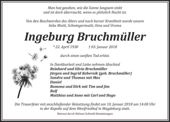 Traueranzeige von Ingeburg Bruchmüller  von Magdeburger Volksstimme