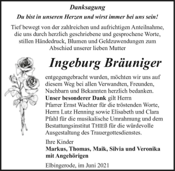 Traueranzeige von Ingeburg Bräuniger  von Magdeburger Volksstimme