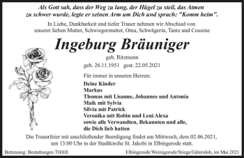 Traueranzeige von Ingeburg Bräuniger (geb. Ritzmann)  von Magdeburger Volksstimme