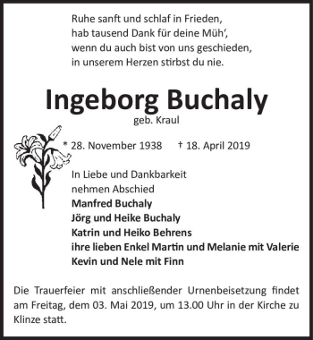 Traueranzeige von Ingeburg Buchaly (geb. Kraul)  von Magdeburger Volksstimme