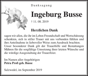Traueranzeige von Ingeburg Busse  von Magdeburger Volksstimme