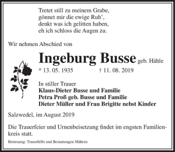 Traueranzeige von Ingeburg Busse (geb. Hähle)  von Magdeburger Volksstimme