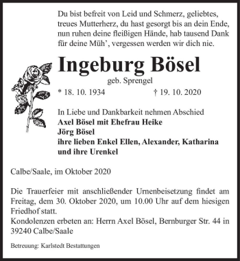 Traueranzeige von Ingeburg Bösel (geb. Sprengel)  von Magdeburger Volksstimme