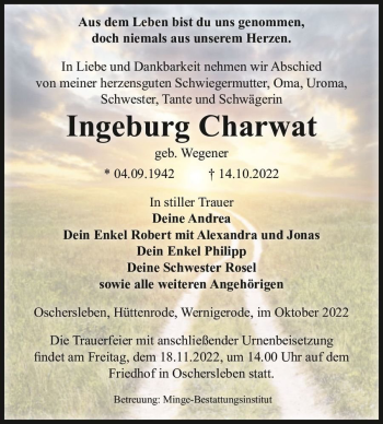 Traueranzeige von Ingeburg Charwat (geb. Wegener)  von Magdeburger Volksstimme