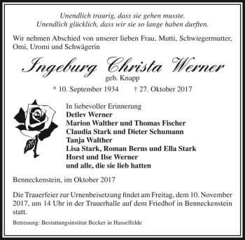 Traueranzeige von Ingeburg Christa Werner (geb. Knapp)  von Magdeburger Volksstimme