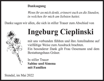 Traueranzeige von Ingeburg Cieplinski  von Magdeburger Volksstimme