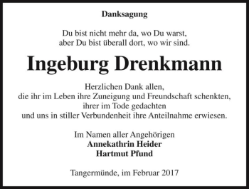 Traueranzeige von Ingeburg Drenkmann  von Magdeburger Volksstimme