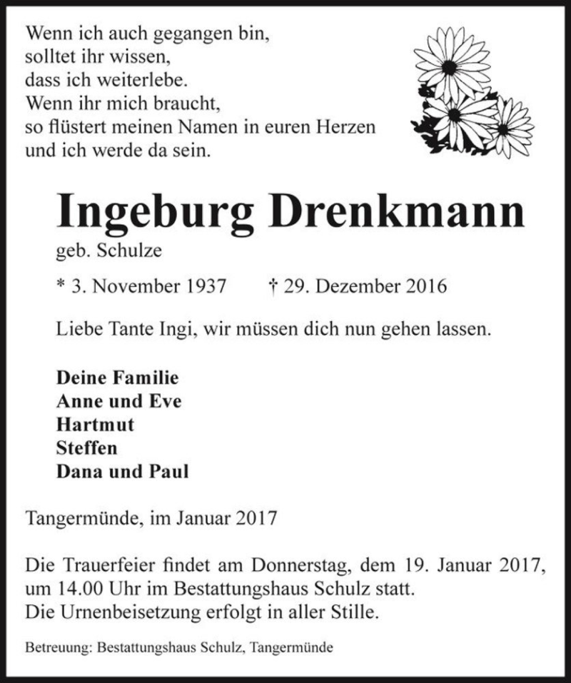  Traueranzeige für Ingeburg Drenkmann (geb. Schulze)  vom 12.01.2017 aus Magdeburger Volksstimme