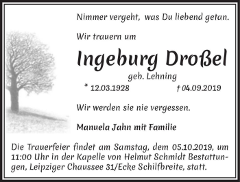 Traueranzeige von Ingeburg Droßel (geb. Lehning)  von Magdeburger Volksstimme