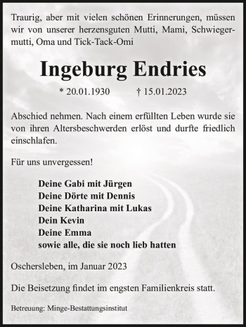 Traueranzeige von Ingeburg Endries  von Magdeburger Volksstimme