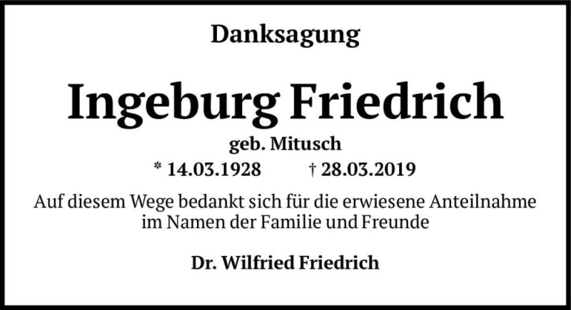  Traueranzeige für Ingeburg Friedrich (geb. Mitusch)  vom 17.04.2019 aus Magdeburger Volksstimme