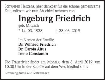 Traueranzeige von Ingeburg Friedrich (geb. Mitusch)  von Magdeburger Volksstimme