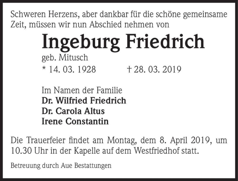  Traueranzeige für Ingeburg Friedrich (geb. Mitusch)  vom 30.03.2019 aus Magdeburger Volksstimme