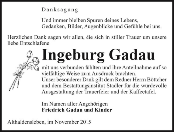 Traueranzeige von Ingeburg Gadau  von Magdeburger Volksstimme