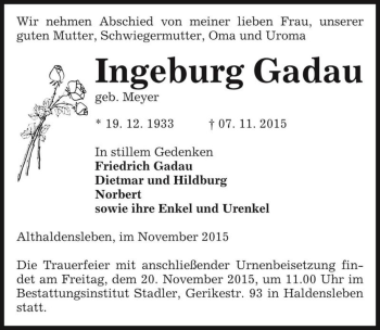 Traueranzeige von Ingeburg Gadau (geb. Meyer)  von Magdeburger Volksstimme