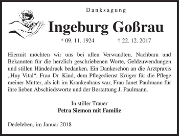 Traueranzeige von Ingeburg Goßrau  von Magdeburger Volksstimme