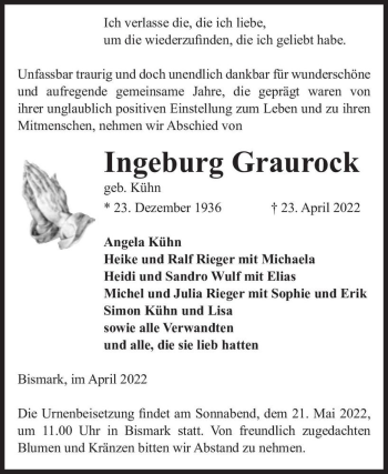 Traueranzeige von Ingeburg Graurock (geb. Kühn)  von Magdeburger Volksstimme